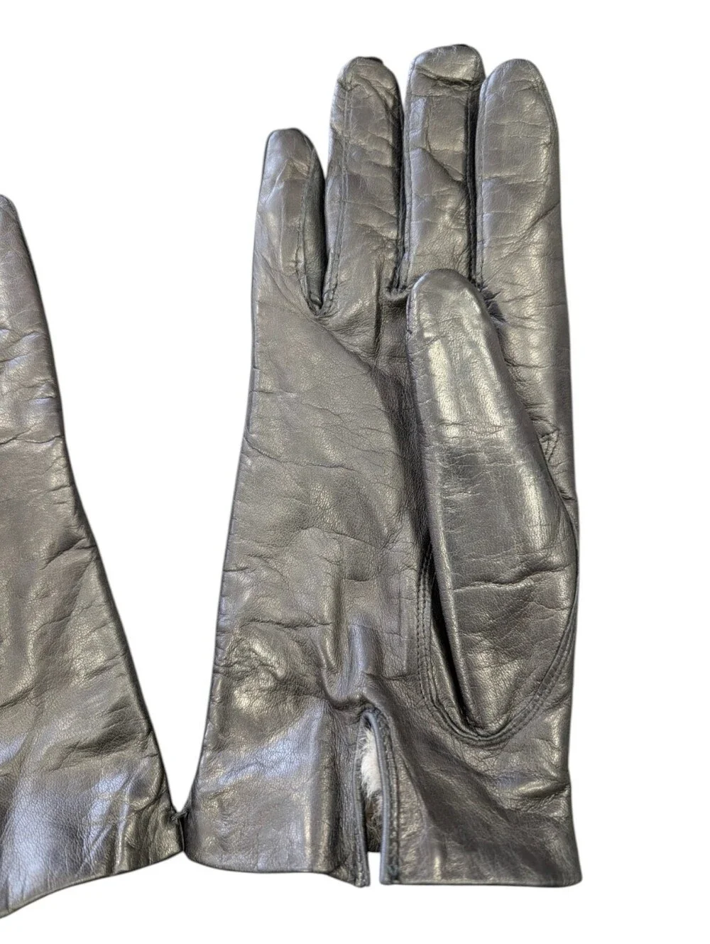 Vintage Italian Black Leather, Rabbit Fur-Lined Gloves. Size 8.